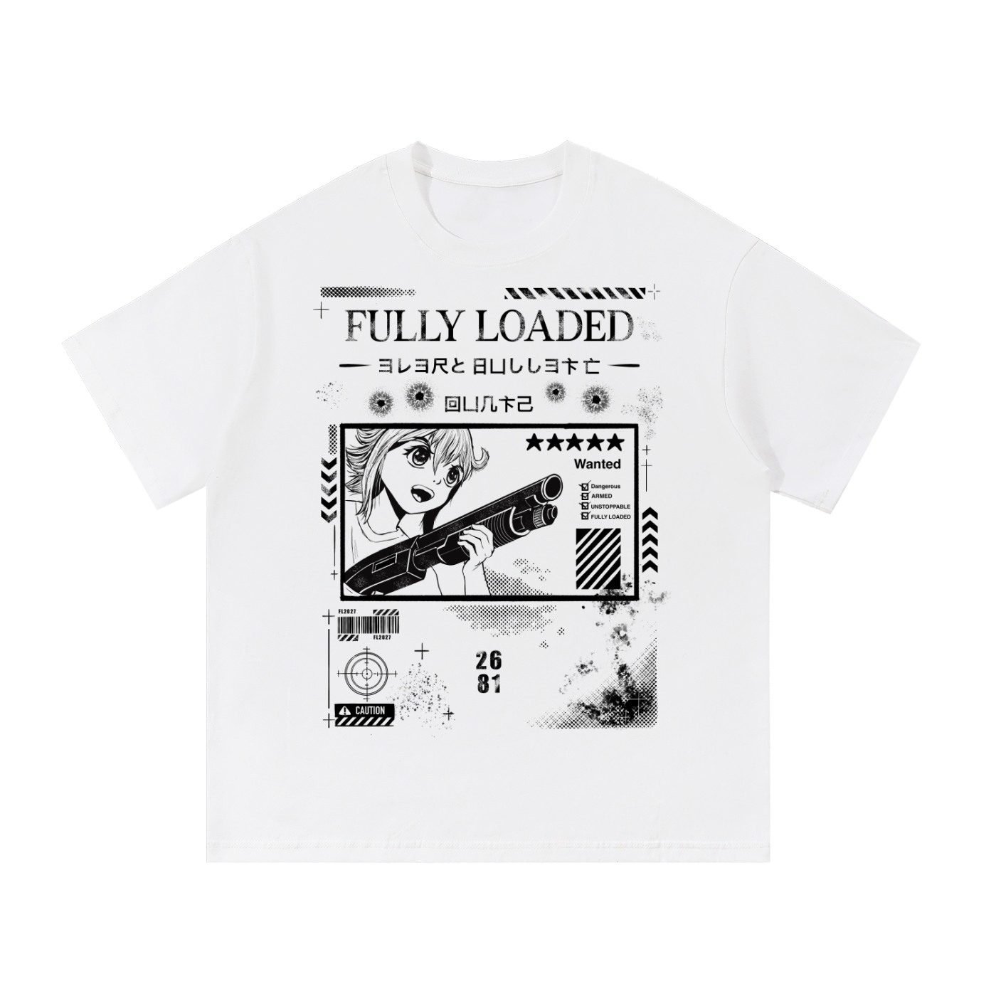 Fully Loaded Anime Style Black and White Essential T-Shirt With Japanese Text